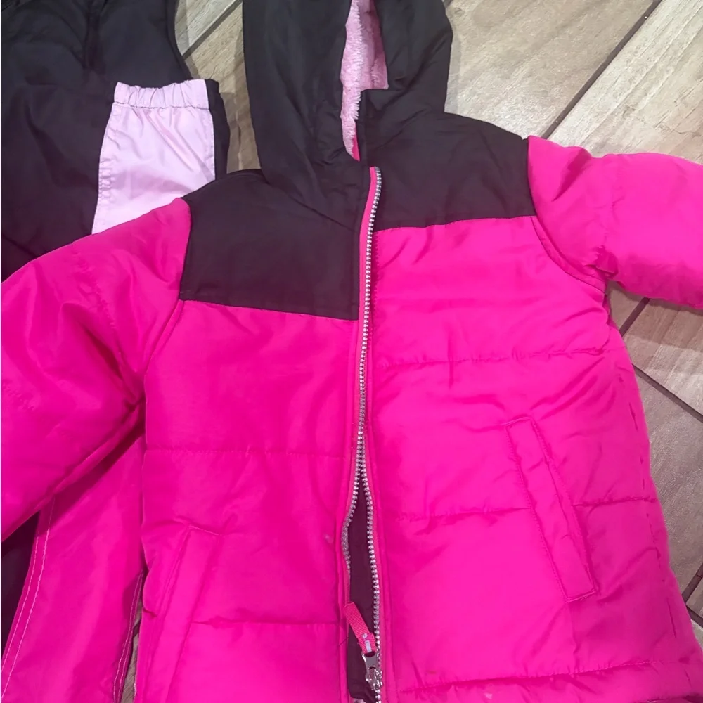 Girls Pink and Black Winter Snow Jacket + Bib Pants size 4 Good Condition